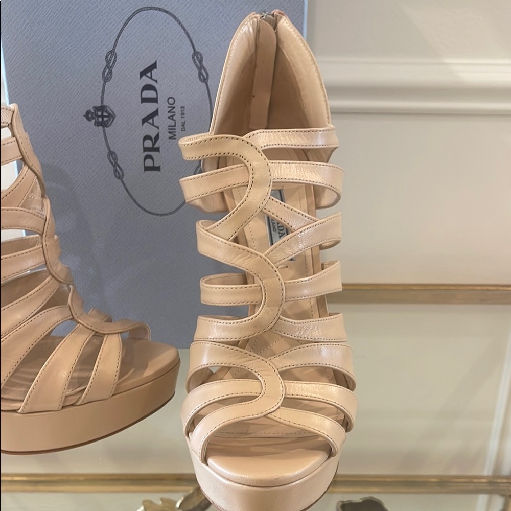Prada Women's Tan Cage Strappy Stilleto Heels - Picture 2 of 13